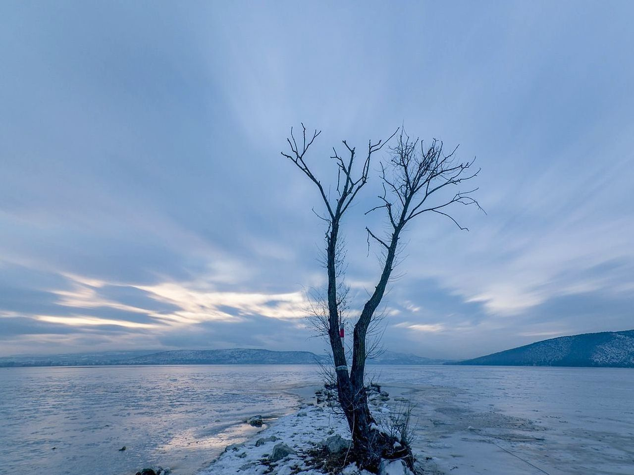 Floresta nevada ao redor de um lago de montanha